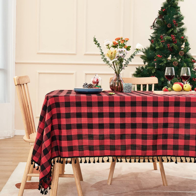 Midsummer Breeze Buffalo Plaid Square Square Square-Cotton Gingham Table Cloth for Kitchen Restaurant Farmhouse Christmas Decord (55 × 55 بوصة باللون الأحمر والأسود) - Image 2