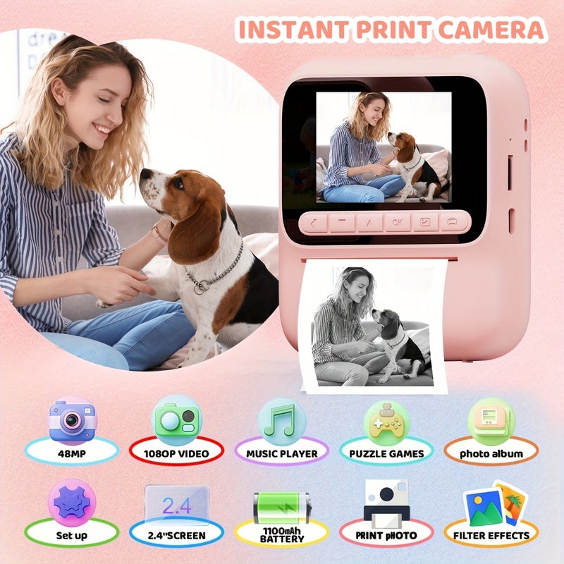 Instant Camera with 1080P HD Video Recording! Includes 32GB Card, USB Port Charging, and 4 Color Paper Rolls. Perfect Retro Gift for  Holidays! - Image 2