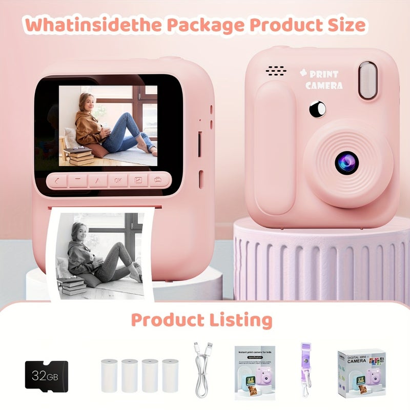 Instant Camera with 1080P HD Video Recording! Includes 32GB Card, USB Port Charging, and 4 Color Paper Rolls. Perfect Retro Gift for  Holidays! - Image 5