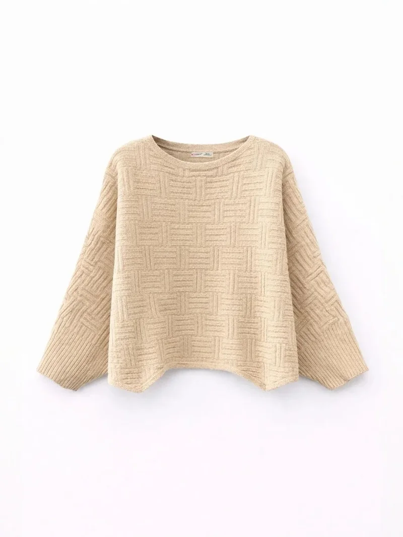 ميكسراي MIXRAY Oversized Textured Ribbed Crew Neck Sweater