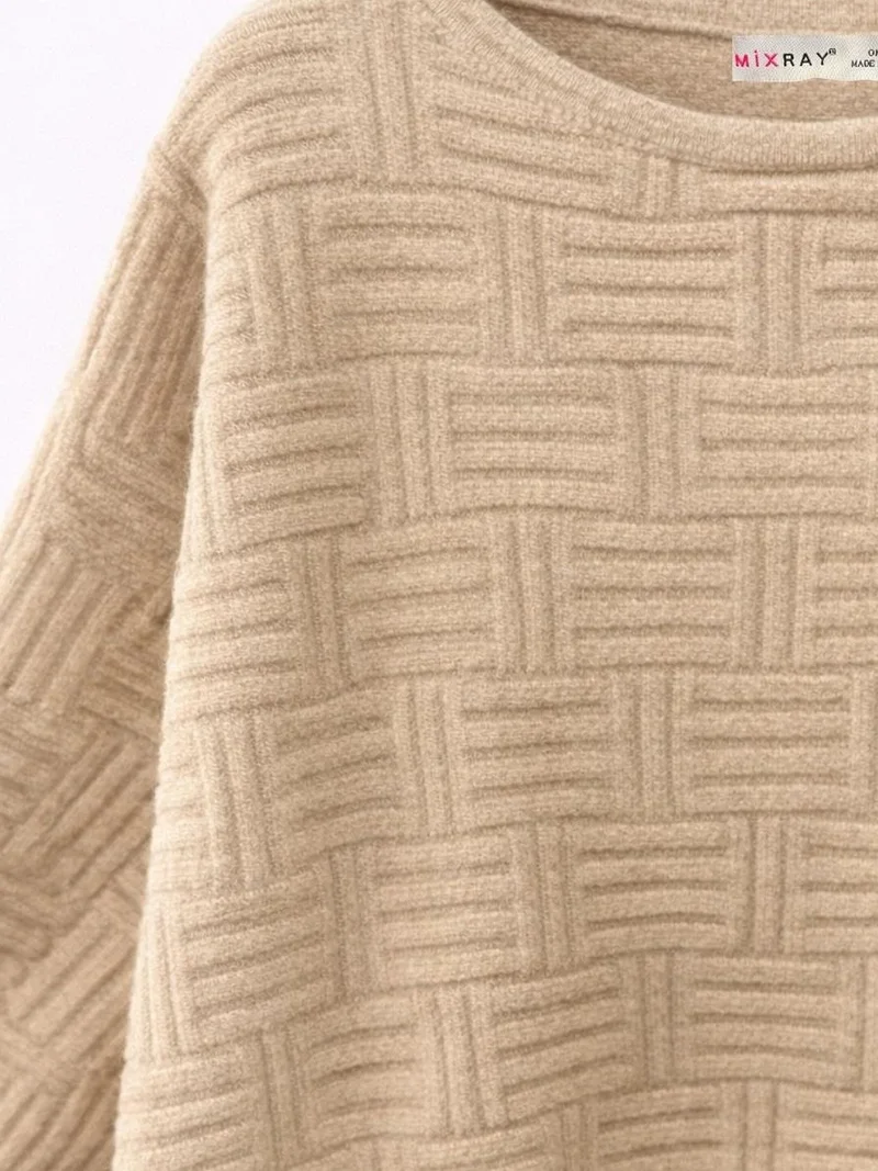 Mixray Beige Natural MIXRAY Oversized Textured Ribbed Crew Neck Sweater for Women | Best Price UAE