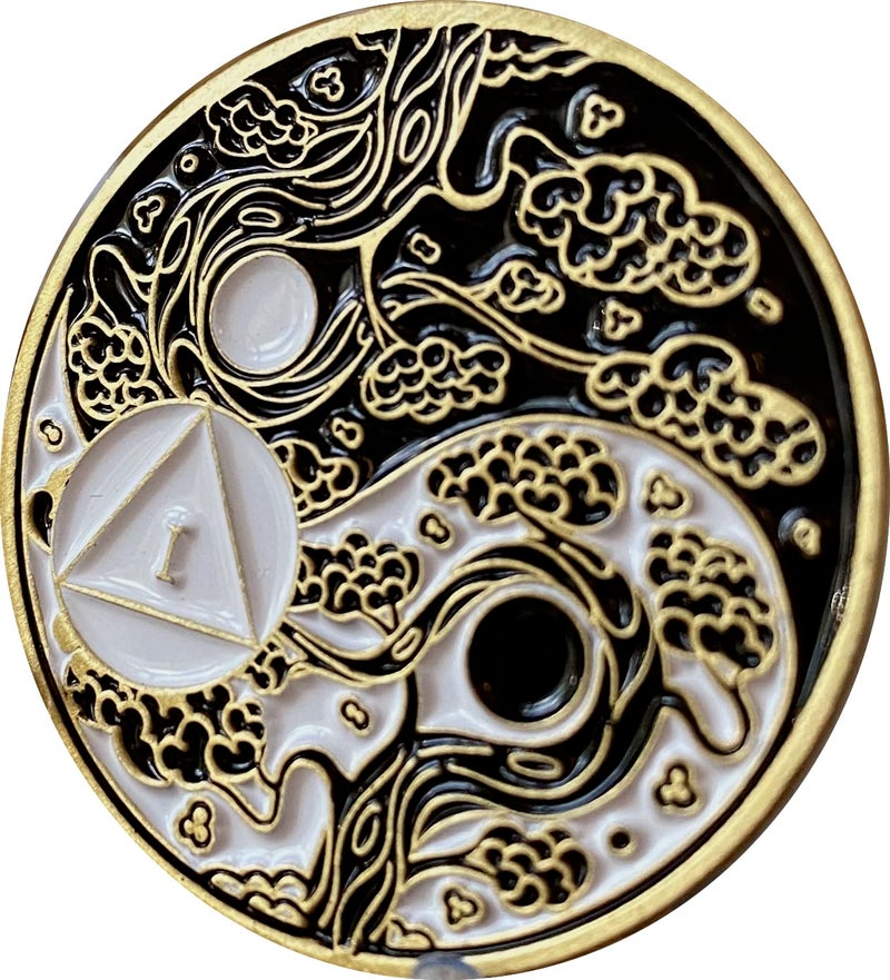 RecoveryChip 1 Year AA Medallion Sakura Tree Cherry Blossom Ying Yang Black and White Serenity Prayer Medallion - Image 1