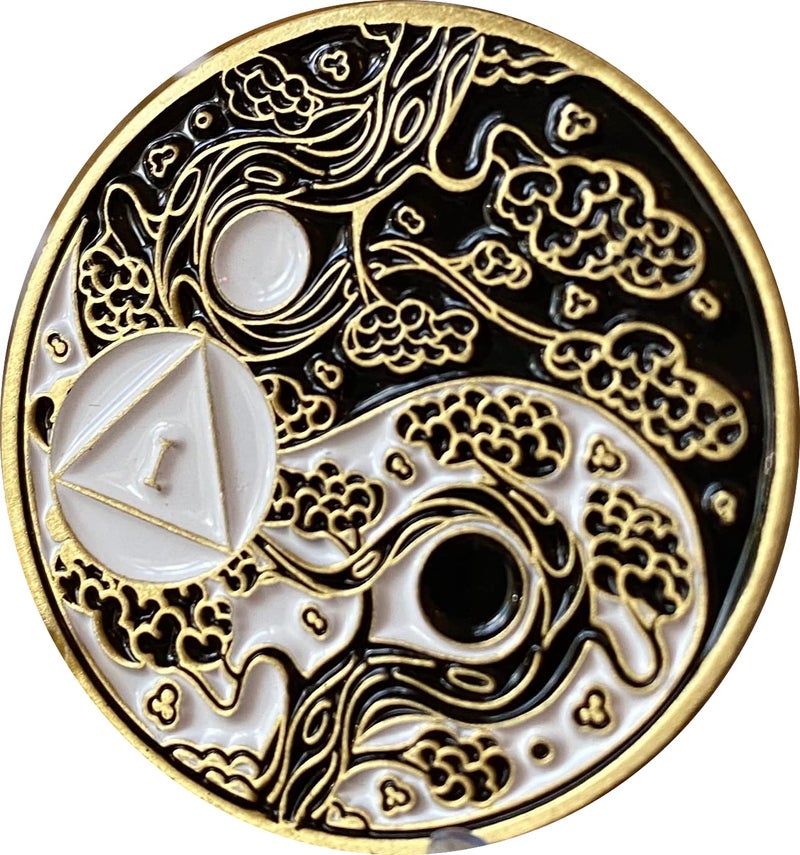 RecoveryChip 1 Year AA Medallion Sakura Tree Cherry Blossom Ying Yang Black and White Serenity Prayer Medallion - Image 5