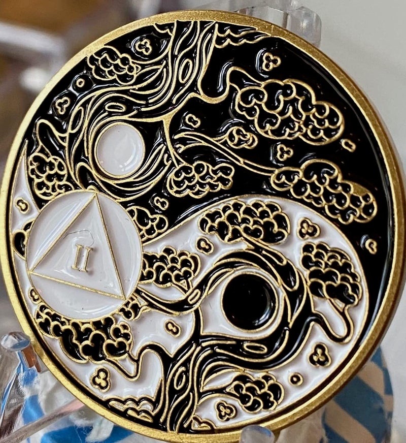 RecoveryChip 1 Year AA Medallion Sakura Tree Cherry Blossom Ying Yang Black and White Serenity Prayer Medallion - Image 3
