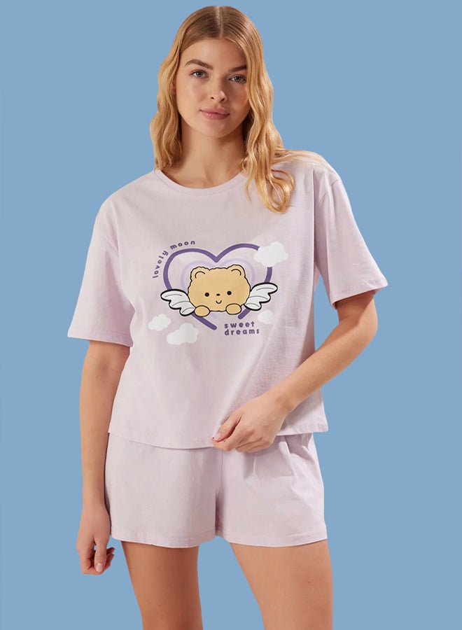 trendyol Lilac % Cotton Printed T-shirt & Shorts Knitted Pajama Set - Image 1