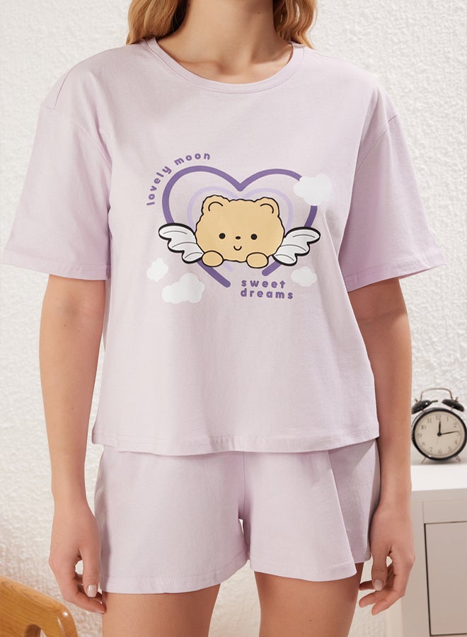 trendyol Lilac % Cotton Printed T-shirt & Shorts Knitted Pajama Set - Image 4