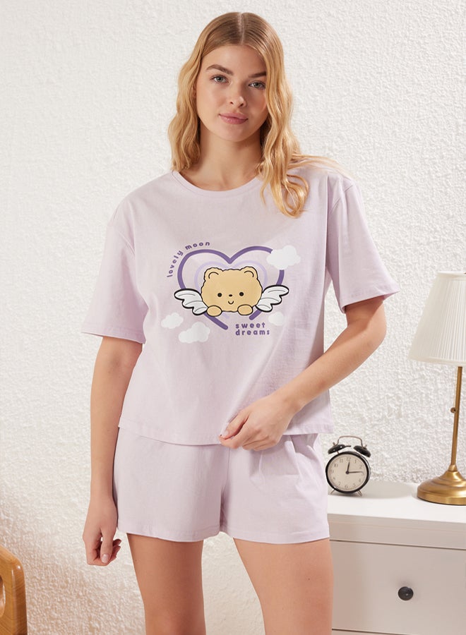 trendyol Lilac % Cotton Printed T-shirt & Shorts Knitted Pajama Set - Image 2