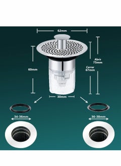 SYOSI Sink Stopper, Anti-odour Pop Up Sink Bath Plug Replacement Stainless Steel with Strainer, Push Down Bathroom Plugs for Wash Basins with 2 Rubber Washers for 30-40mm Hole  - Image 5