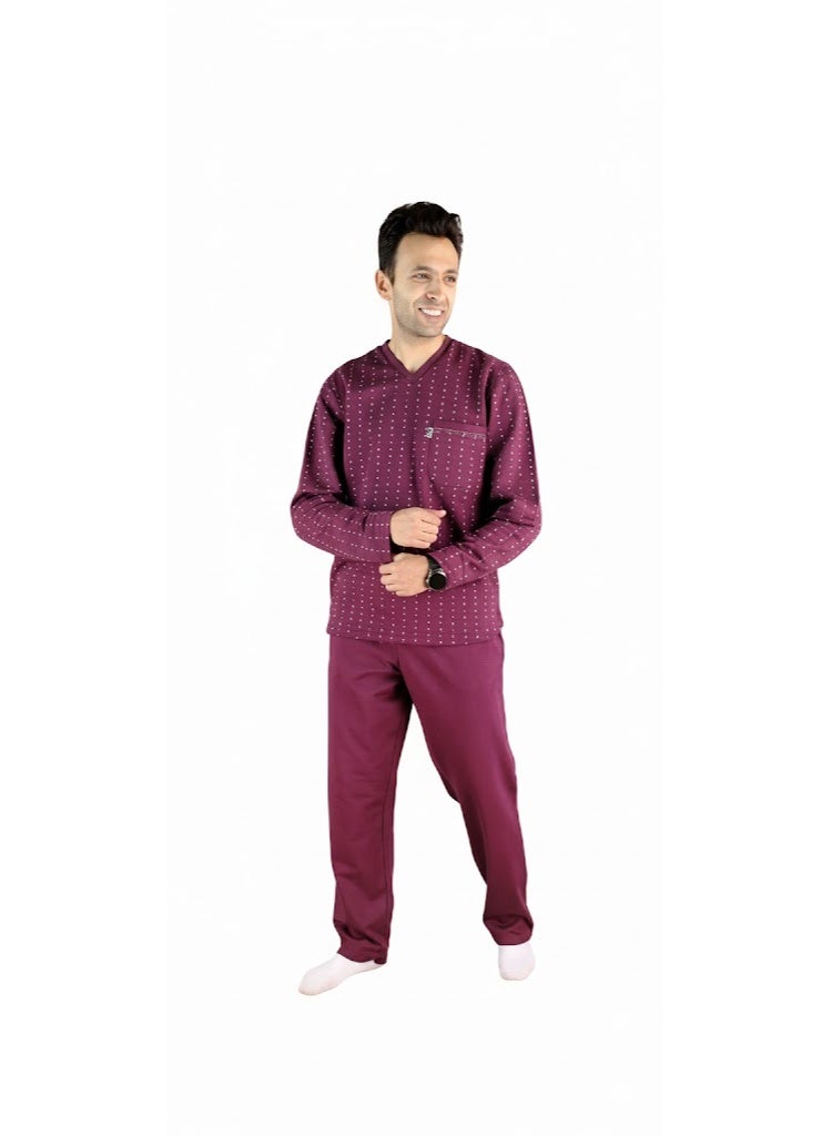 Jet Men Winter Pajama Set Long Sleeve & Plain Bottom-Burgundy - Image 1