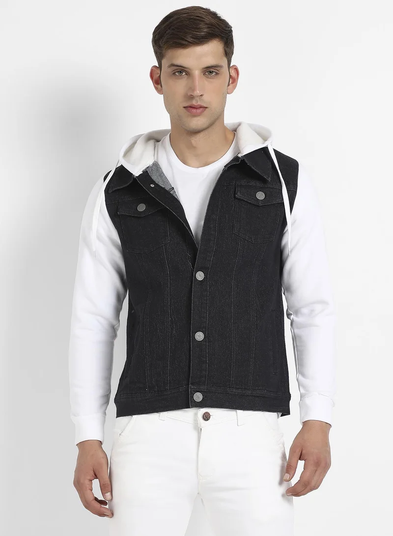 Campus Sutra Men's White & Charcoal Grey Medium-Wash Denim Jacket With Sweatshirt Sleeve