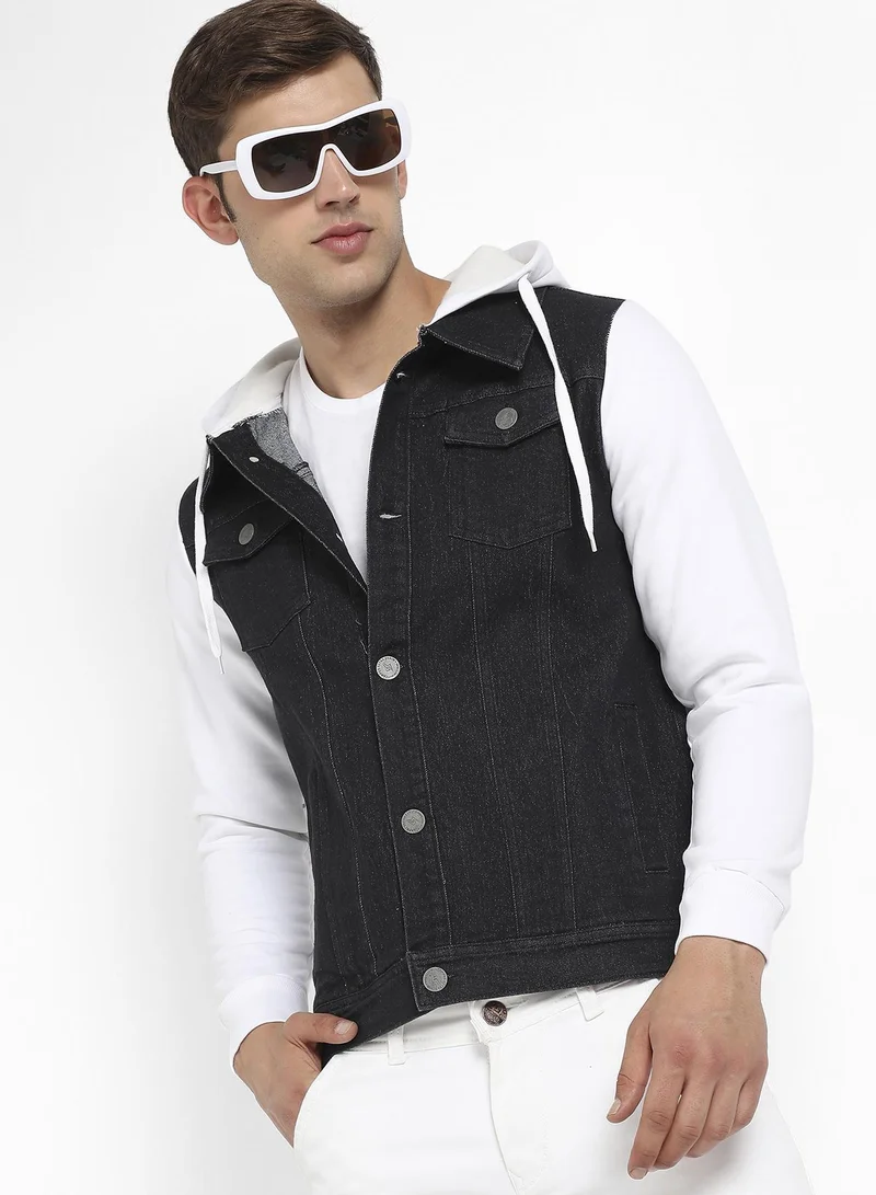 Campus Sutra Men's White & Charcoal Grey Medium-Wash Denim Jacket With Sweatshirt Sleeve