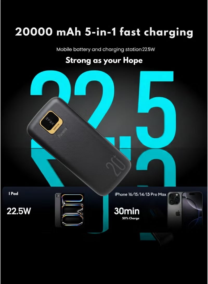Fonemi 20000mAh Power Bank 22.5W Fast Charging | Built-In 4 Cables (Type-C, Lightning, Micro USB & USB) with Handle, Dual Input & Multi-Device Output | LED Display & Smart Protection – Black - Image 2