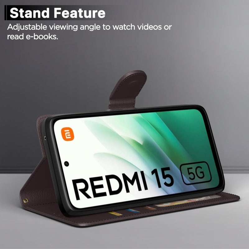 Pikkme غطاء قابل للطي لهاتف Redmi 15 5G بتشطيب جلدي | داخل TPU مع جيوب للبطاقات | حامل محفظة ومضاد للصدمات | حماية كاملة لحافظة قابلة للطي (بني) - Image 3