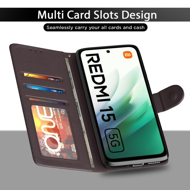 Pikkme غطاء قابل للطي لهاتف Redmi 15 5G بتشطيب جلدي | داخل TPU مع جيوب للبطاقات | حامل محفظة ومضاد للصدمات | حماية كاملة لحافظة قابلة للطي (بني) - Image 5
