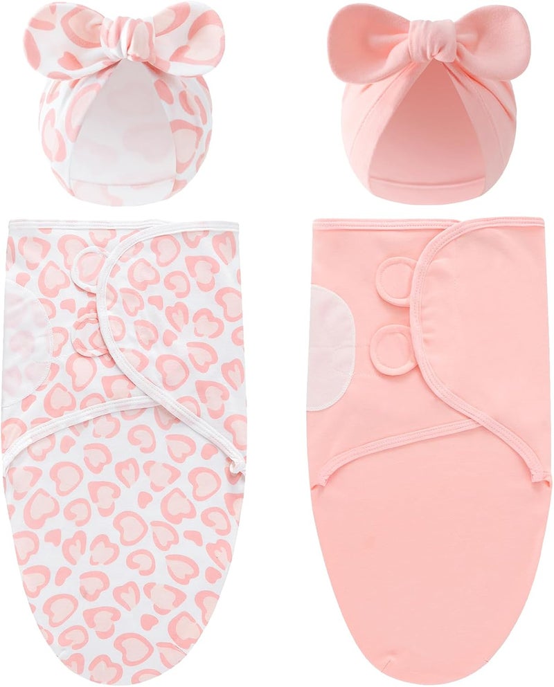 Cinaci 2 Pack Soft Cotton Baby Receiving Swaddle Blankets Wraps Sleep Sacks with Matching Bow Newborn Nursery Bow Hats Caps Beanies Bonnets for Baby Girls Boys Newborns Infants (Multicolor S5) - Image 1