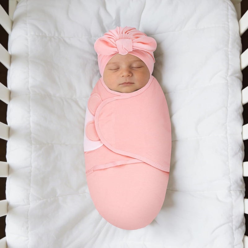 Cinaci 2 Pack Soft Cotton Baby Receiving Swaddle Blankets Wraps Sleep Sacks with Matching Bow Newborn Nursery Bow Hats Caps Beanies Bonnets for Baby Girls Boys Newborns Infants (Multicolor S5) - Image 3