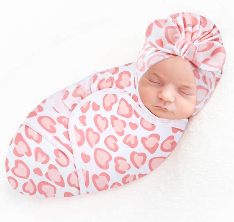 Cinaci 2 Pack Soft Cotton Baby Receiving Swaddle Blankets Wraps Sleep Sacks with Matching Bow Newborn Nursery Bow Hats Caps Beanies Bonnets for Baby Girls Boys Newborns Infants (Multicolor S5) - Image 2