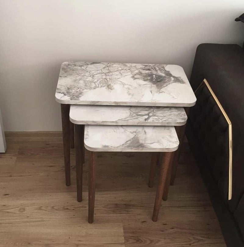 PAK HOME Set of 3 White Marble Triangle Nesting End Tables Rectangular Wood Stacking Coffee Side Accent Table with Metal Legs for Living Room, Home Office, Nightstands for Bedroom - Image 3
