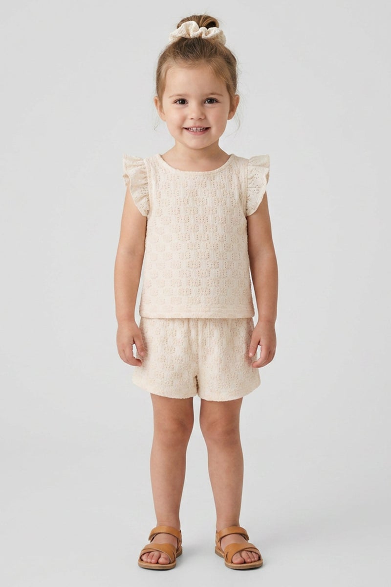 Willow & Whistle Toddlers Girl 3 Pcs Textured Top And Bottom With Scrunchie Set , Beige - Image 1