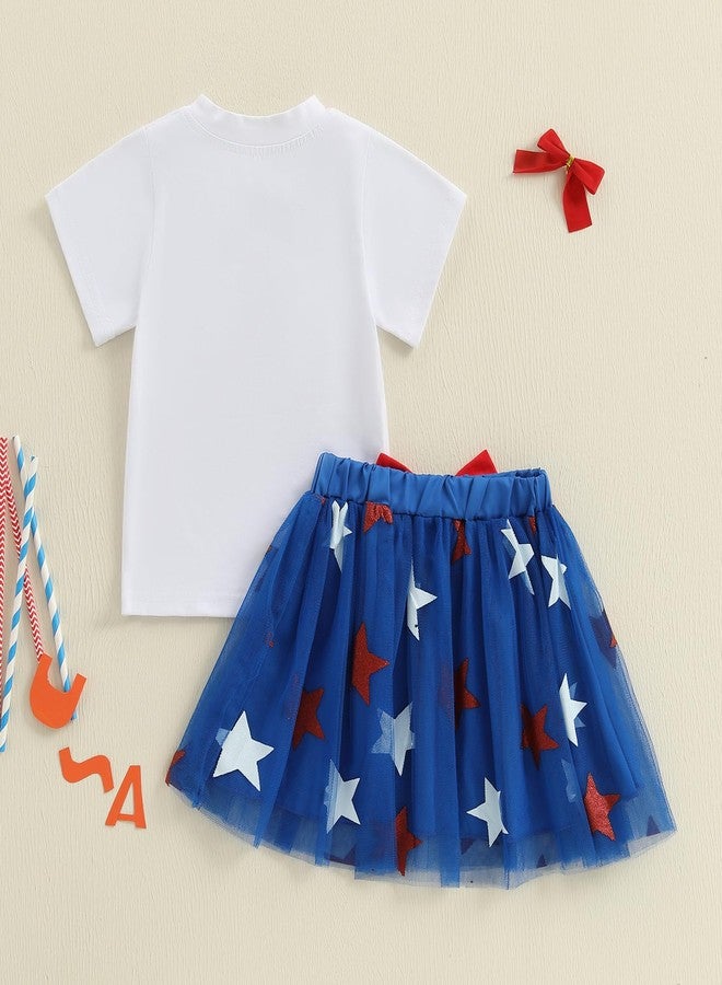 Owl's-Yard 2-Piece Toddler Girls Set Short Sleeve Letter Bow Pattern Tops Glitter Star Tulle Skirt Independence Day Outfits (B-White, 3-4T) - Image 3
