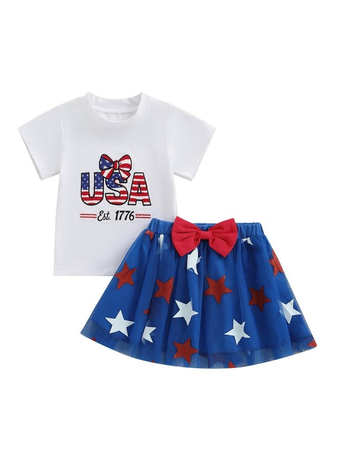 Owl's-Yard 2-Piece Toddler Girls Set Short Sleeve Letter Bow Pattern Tops Glitter Star Tulle Skirt Independence Day Outfits (B-White, 3-4T) - Image 1