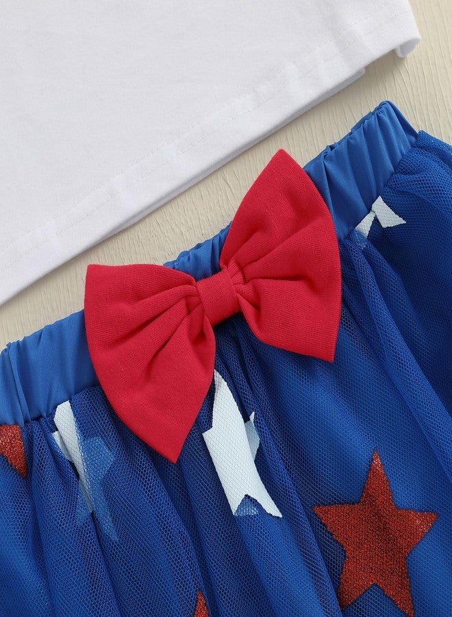 Owl's-Yard 2-Piece Toddler Girls Set Short Sleeve Letter Bow Pattern Tops Glitter Star Tulle Skirt Independence Day Outfits (B-White, 3-4T) - Image 5