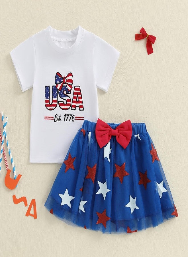 Owl's-Yard 2-Piece Toddler Girls Set Short Sleeve Letter Bow Pattern Tops Glitter Star Tulle Skirt Independence Day Outfits (B-White, 3-4T) - Image 2