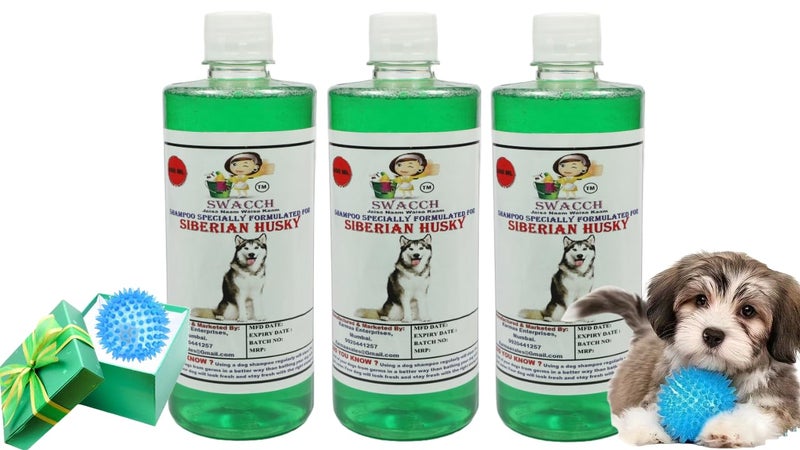 swacch Shampoo | Puppy Safe Shampoo | PH Balanced | Ditch to Itch for Siberian Husky Dog Shampoo 500ml Pack of 3 (Neem Alovera) + Spike Ball Chew Toy Combo Pack - Image 1