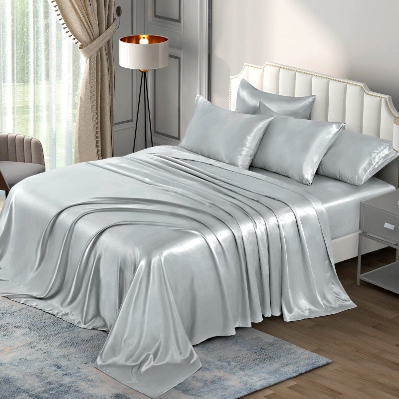 P Pothuiny Satin Sheets King 6 Pieces Silver Grey  Luxury Silky Satin Bed Sheets King Bedding Set Extra Soft Satin Sheet Set 1 Satin Fitted Sheet  1 Flat Sheet  4 Pillow Cases