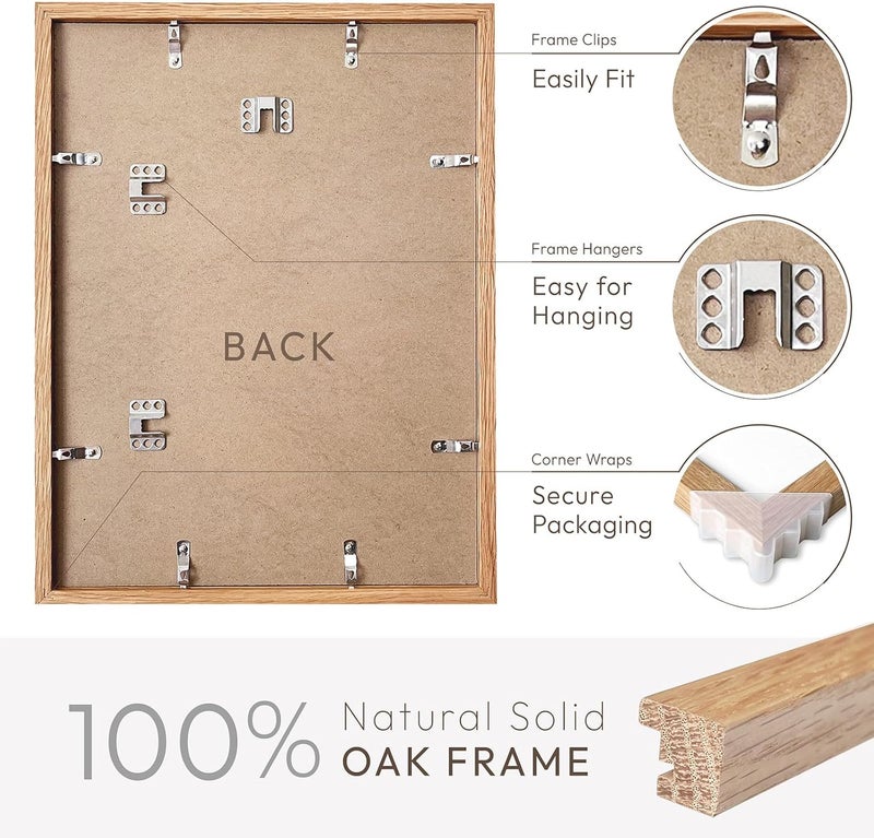 wallwisy 11x14 Picture Frame, Solid Oak 11x14 Photo Frame with Mat to 8x10, 14x11 Wooden Frames for Wall, 11x14 Natural Oak Wood Frame, Set of 1 - Image 4