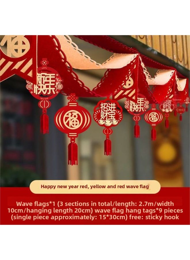 Year Decorations Year Of The Snake Spring Festival Shopping Mall Wave Flag Pendant Year Scene Arrangement Ceiling Hanging Ornaments-Color:Happy Year Red, Yellow And Red Wave Flag