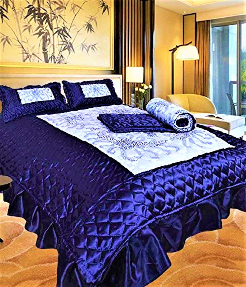 ManavRachit Satin Gold Printed 310 TC Wedding Bedding SetBedsheet with 2 Pillow Covers 1 AC Comforter for Home Living RoomBlue Set of 4pcVIP Print - Image 3