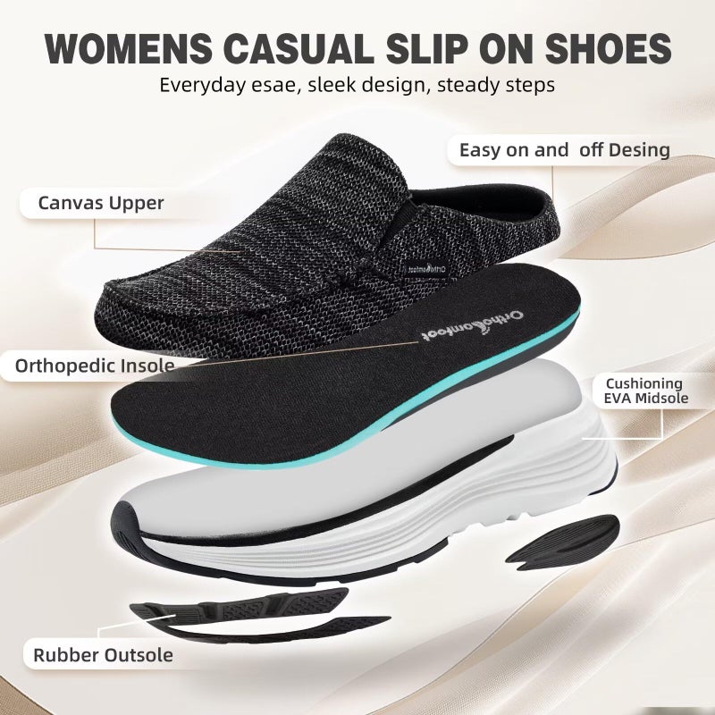 OrthoComfoot Women's Orthopedic Slip On Slippers Shoes: Comfortable Womens Slip-On for Flat Feet, Light-Weight Slippers for Plantar Fasciitis Relief, Cushioned Rubber Sole Loafers for Comfy Working Black Size 9 - Image 2