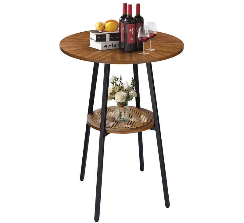 ZYBT Boho Bar Height Table Rattan Storage Shelf High Top Counter Height Dining Table