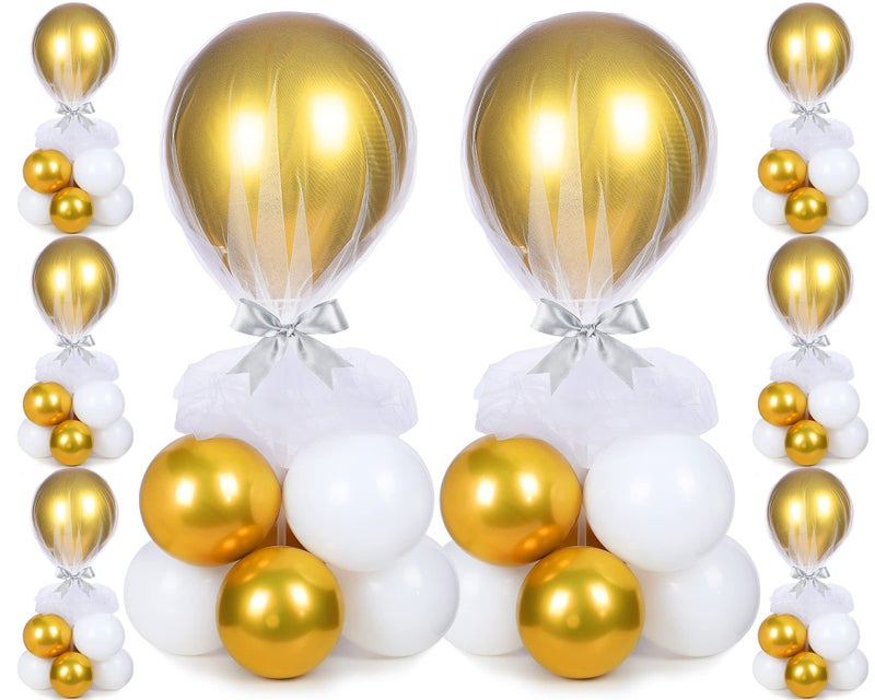 BBTO 8 Set Table Centerpieces Balloons Stand Kit, 80 Pcs Latex Balloons and Table Stand Holder with Base Tulle for Wedding Birthday Baby Shower Party(Gold and White) - Image 1