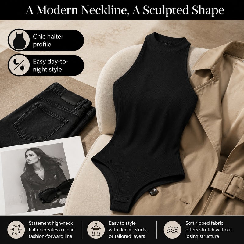 High Neck Halter Ribbed Shapewear Bodysuit Women, Tummy Control Waist Slimming Compression Bodysuit with Crotch Snap Buttons S - Image 2