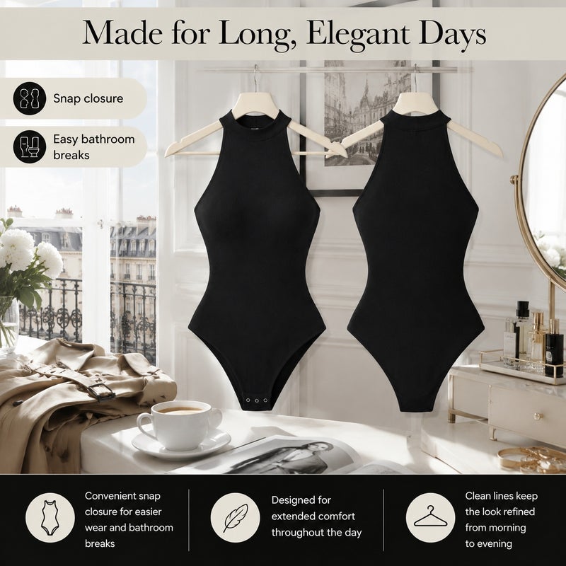 High Neck Halter Ribbed Shapewear Bodysuit Women, Tummy Control Waist Slimming Compression Bodysuit with Crotch Snap Buttons S - Image 4
