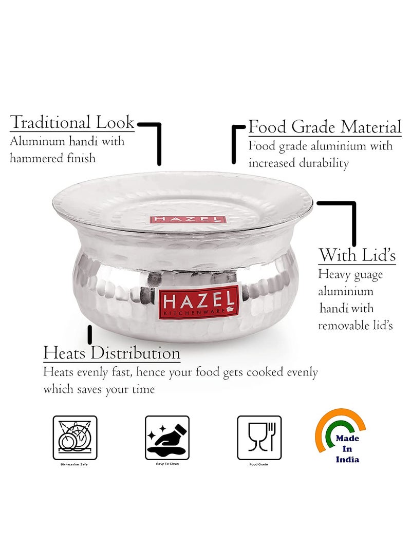 HAZEL Aluminium Hammered Finish Handi with Lid Biryani Rice Cooking Pot GOL Patiya Tope Patila Vessel, 20 cm, 1900 ML Silver - Image 3