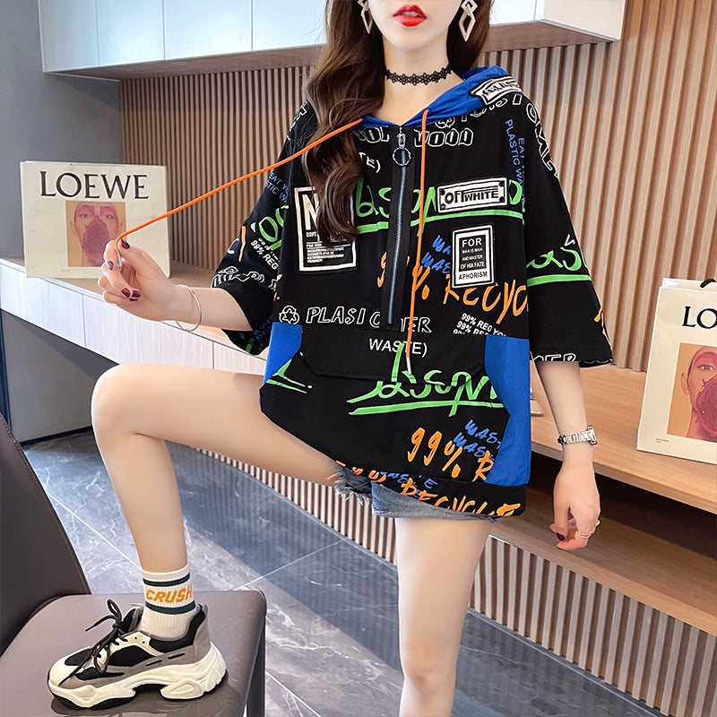 2023 Korean Half Zipper Design Sense Heavy Industry Stitching Hooded Short-Sleeved T-Shirt Women'S Plus Size Women'S Fashion - Image 4