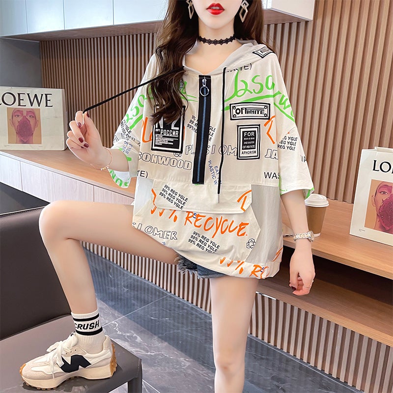 2023 Korean Half Zipper Design Sense Heavy Industry Stitching Hooded Short-Sleeved T-Shirt Women'S Plus Size Women'S Fashion - Image 5