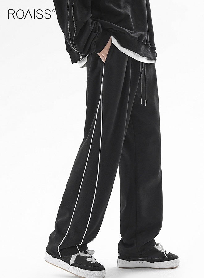 roaiss Men's Striped Loose Sweatpants Lace-Up Straight Sweatpants Men Trendy Casual Sports Pants with Pockets Soft Comfortable Elastic Waistband Trousers Black - Image 2