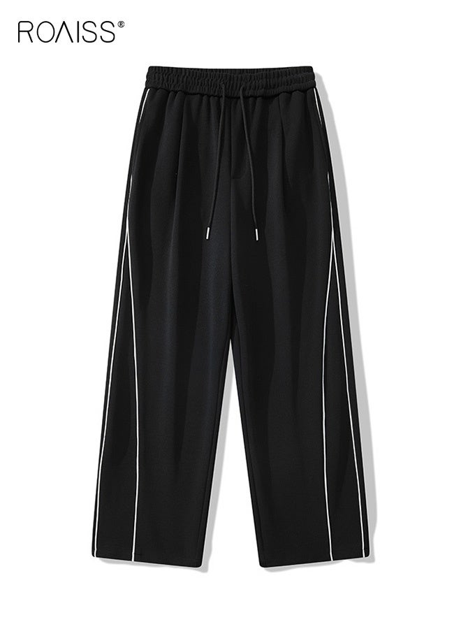 roaiss Men's Striped Loose Sweatpants Lace-Up Straight Sweatpants Men Trendy Casual Sports Pants with Pockets Soft Comfortable Elastic Waistband Trousers Black - Image 5
