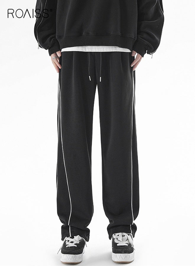 roaiss Men's Striped Loose Sweatpants Lace-Up Straight Sweatpants Men Trendy Casual Sports Pants with Pockets Soft Comfortable Elastic Waistband Trousers Black - Image 3
