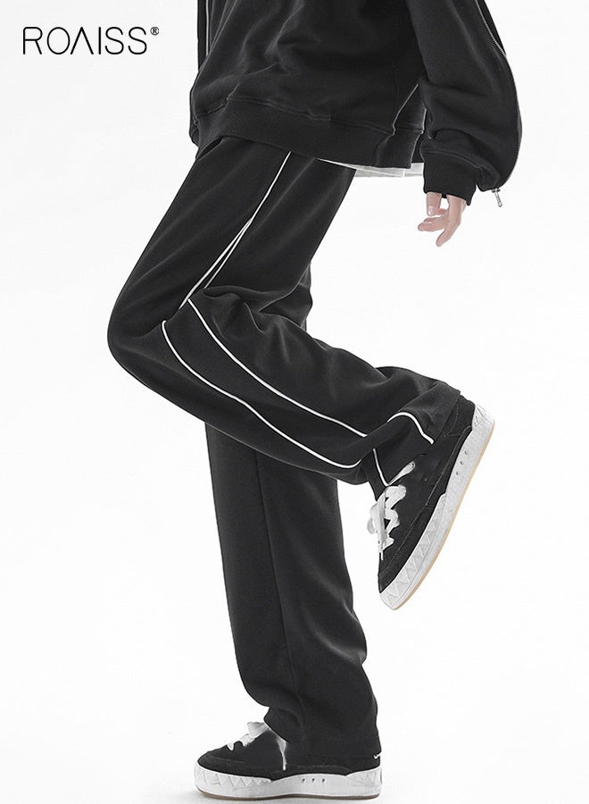 roaiss Men's Striped Loose Sweatpants Lace-Up Straight Sweatpants Men Trendy Casual Sports Pants with Pockets Soft Comfortable Elastic Waistband Trousers Black - Image 4