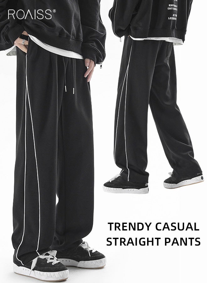 roaiss Men's Striped Loose Sweatpants Lace-Up Straight Sweatpants Men Trendy Casual Sports Pants with Pockets Soft Comfortable Elastic Waistband Trousers Black - Image 1