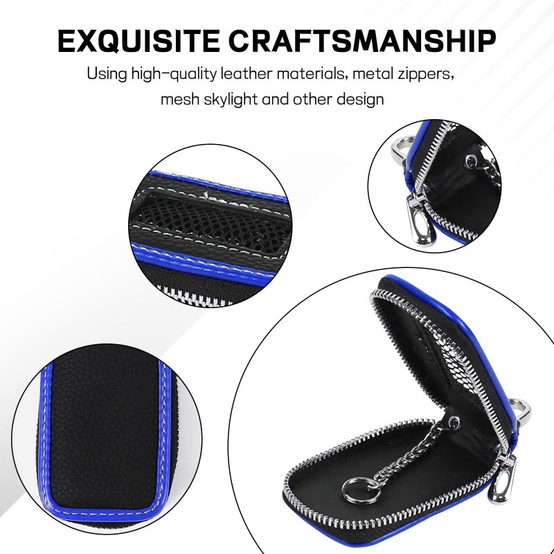 Hbxdeco Car Key Fob Case, Leather Car Key Chain Case Holder with Mesh Window, Universal Auto Keychain Case Protector Cover (Black+Blue) - Image 3