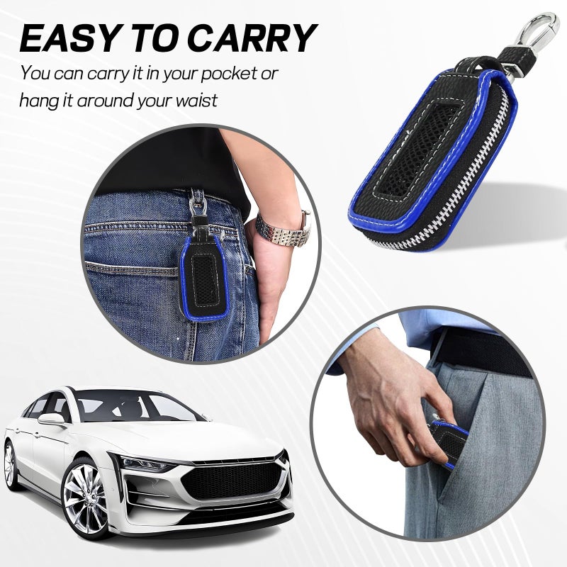 Hbxdeco Car Key Fob Case, Leather Car Key Chain Case Holder with Mesh Window, Universal Auto Keychain Case Protector Cover (Black+Blue) - Image 5