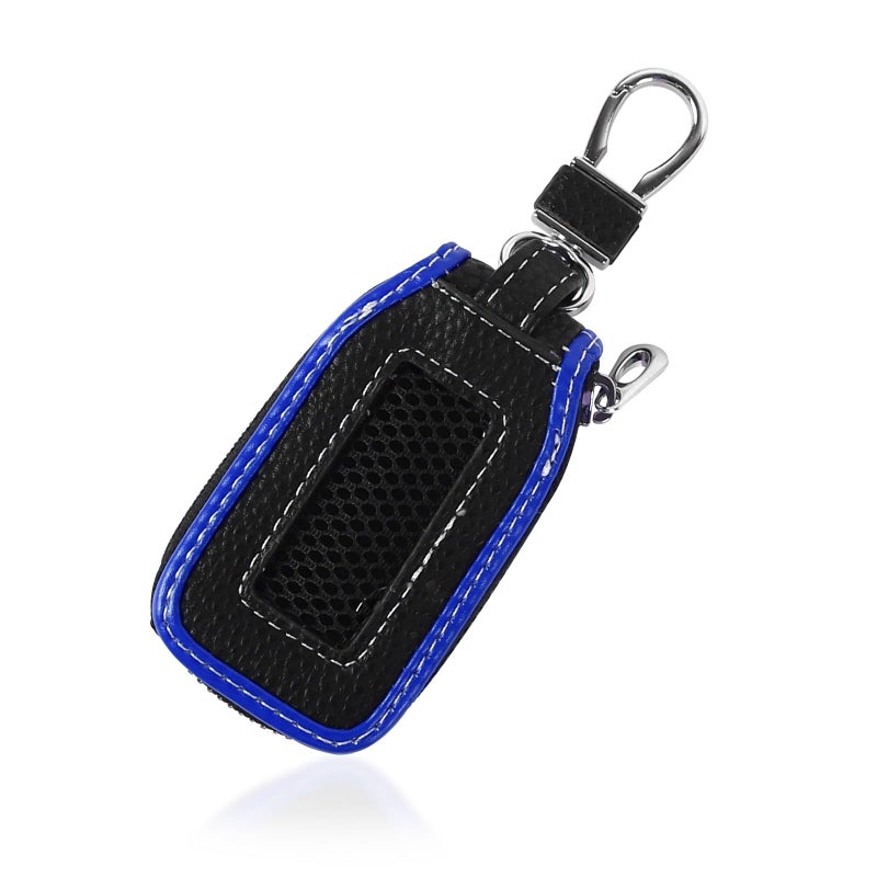 Hbxdeco Car Key Fob Case, Leather Car Key Chain Case Holder with Mesh Window, Universal Auto Keychain Case Protector Cover (Black+Blue) - Image 1