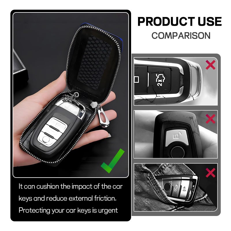Hbxdeco Car Key Fob Case, Leather Car Key Chain Case Holder with Mesh Window, Universal Auto Keychain Case Protector Cover (Black+Blue) - Image 4