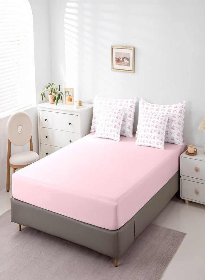 Man Fei 7 Pieces Cherry Bowknot Kid Comforter Set Twin,Pink Bow Tie Butterfly Knot Princess Bedding Set,Cartoon Bow Patchwork Dreamy Sweet（Comforter+Fitted+Flat Sheet+2 Pillowcases+2 Throw Pillow Covers） - Image 5